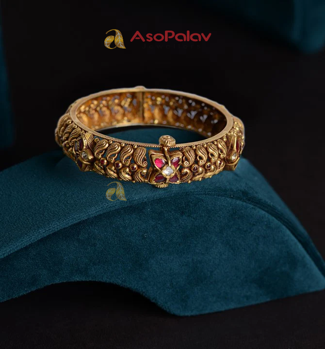 22K Peacock Motif Gold Kada with Ruby Pota Accents | Asopalav Jewellers